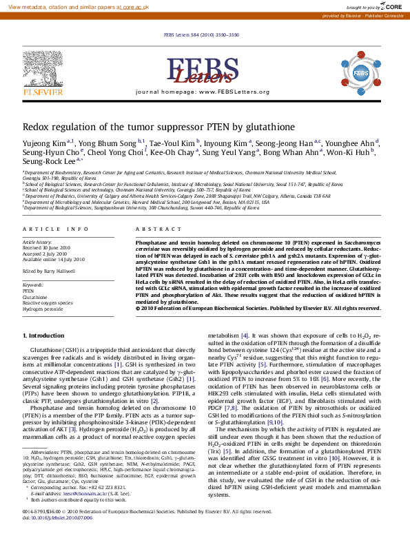 (PDF) Redox regulation of the tumor suppressor PTEN by glutathione