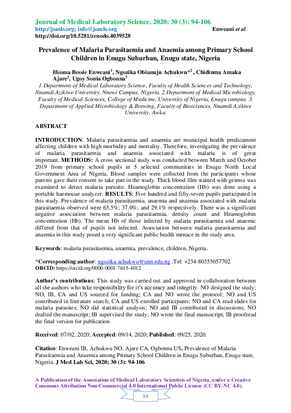 (PDF) Prevalence of Malaria Parasitaemia and Anaemia among Primary ...