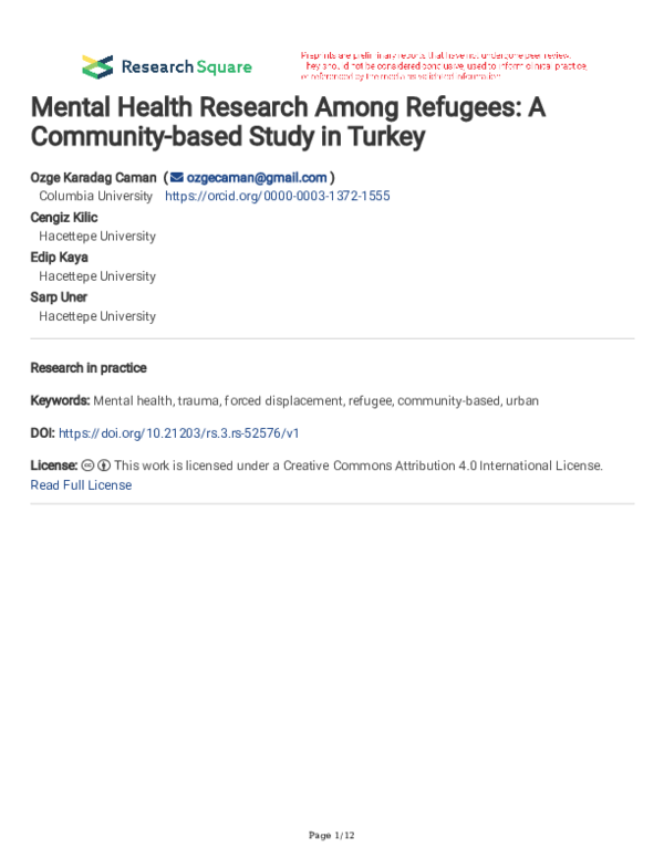 (PDF) Mental Health Research Among Refugees: A Community-based Study in