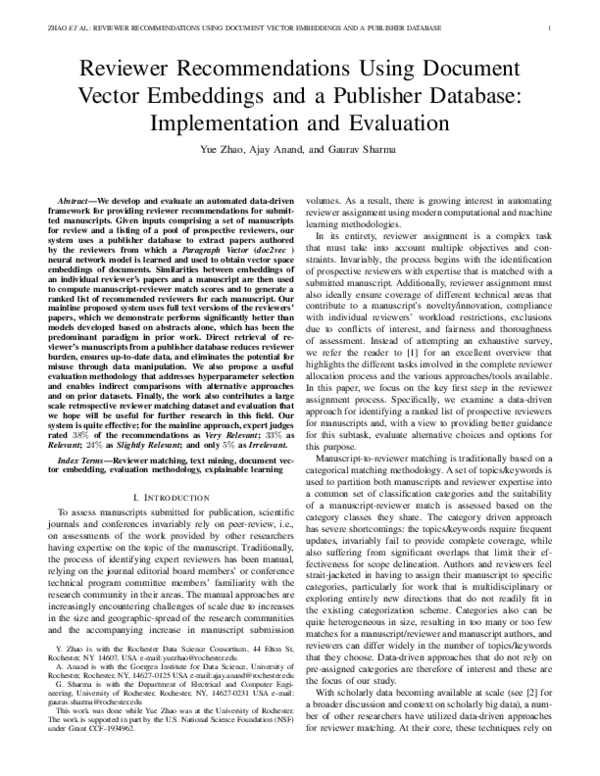 (PDF) Reviewer Recommendations Using Document Vector Embeddings and a ...