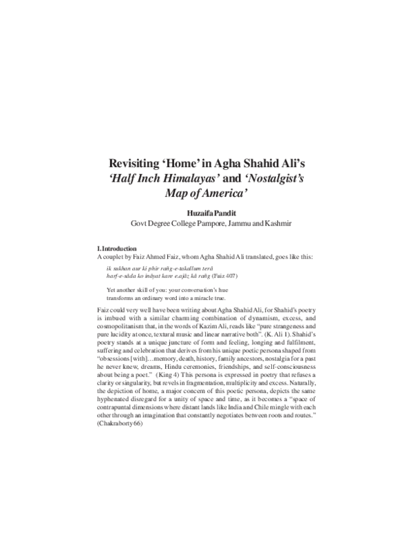 (PDF) Revisiting 'Home' in Agha Shahid Ali's 'Half Inch Himalayas' and