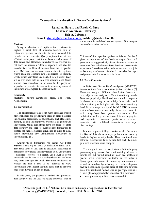 (PDF) Transaction Acceleration in Secure Database Systems