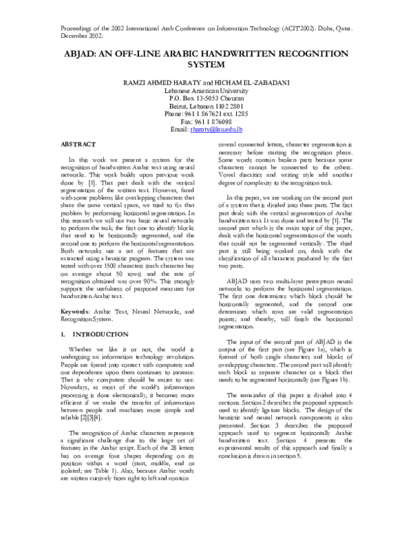 (PDF) ABJAD: An Offline Arabic Handwritten Recognition System
