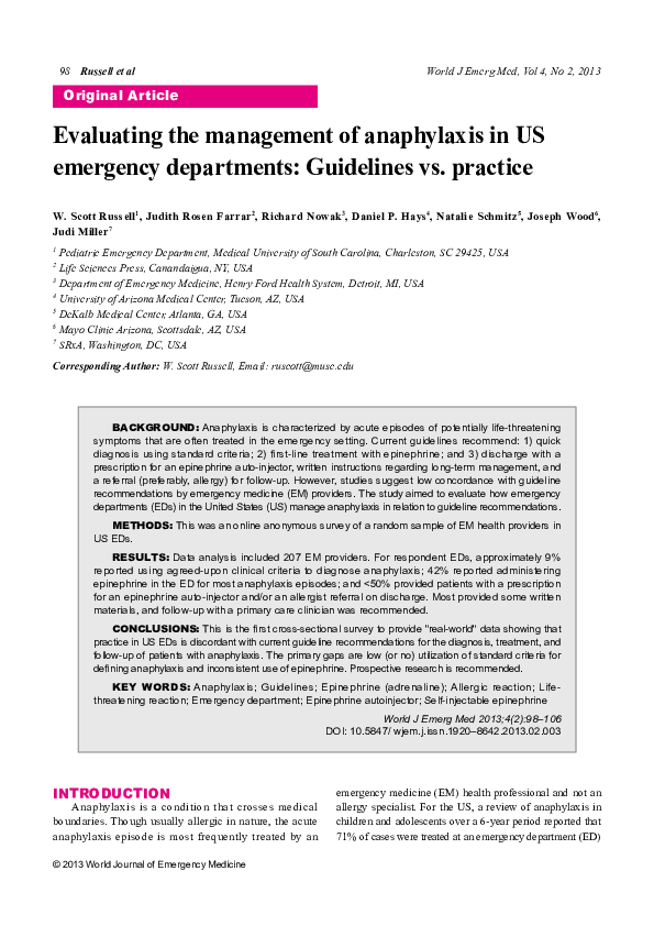 (PDF) Evaluating the management of anaphylaxis in US emergency ...