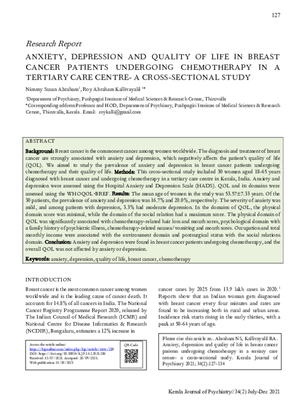 (PDF) Anxiety, depression and quality of life in breast cancer patients ...