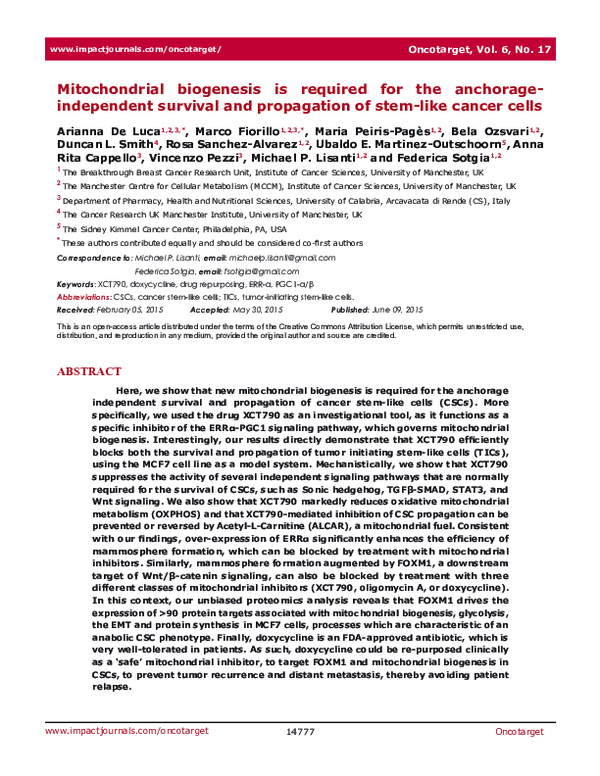 (PDF) Mitochondrial biogenesis is required for the anchorage ...