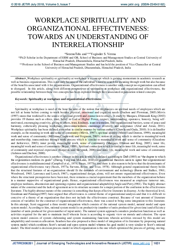 (PDF) Workplace Spirituality and Organizational Effectiveness: Towards ...