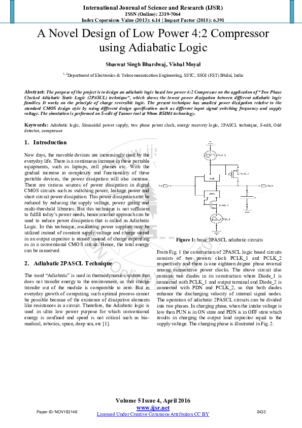 (PDF) A Novel Design of Low Power 4:2 Compressor using Adiabatic Logic