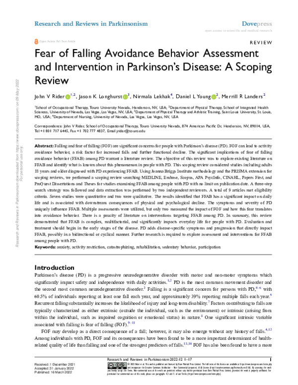 (PDF) Fear of Falling Avoidance Behavior Assessment and Intervention in ...