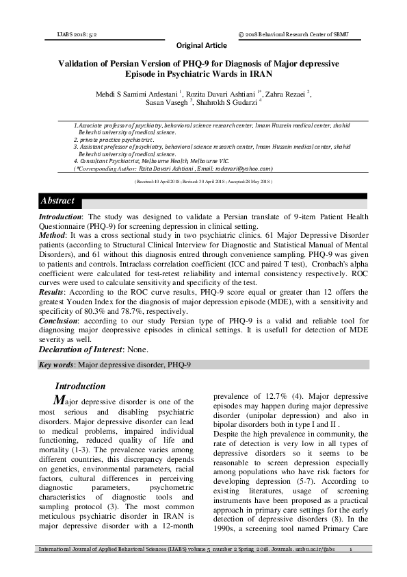 (PDF) Validation of Persian version of PHQ9 for diagnosis of major depressive episode in