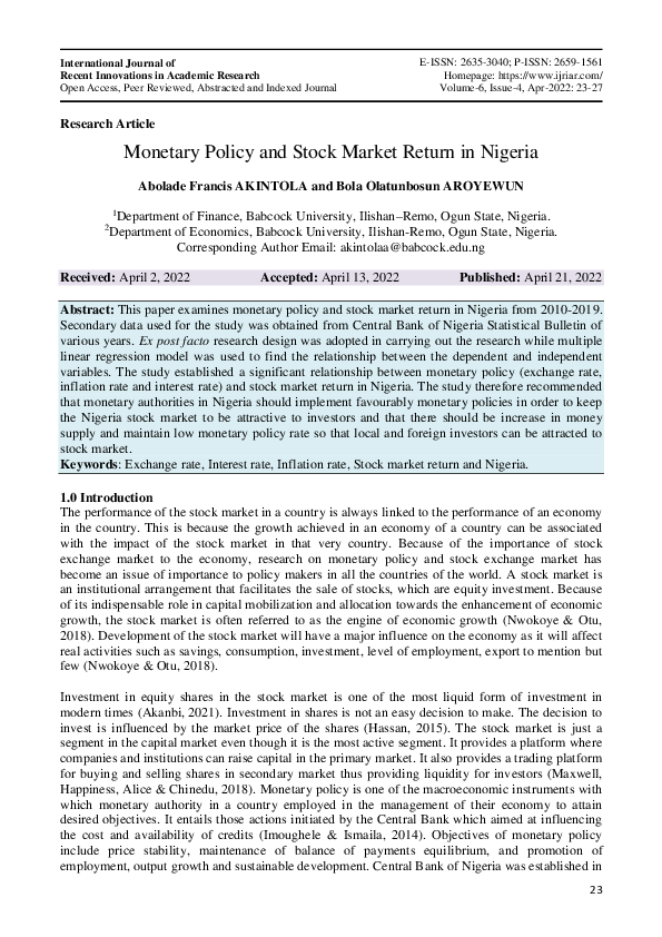 (PDF) Monetary Policy and Stock Market Return in Nigeria