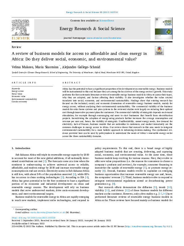 (PDF) A review of business models for access to affordable and clean ...