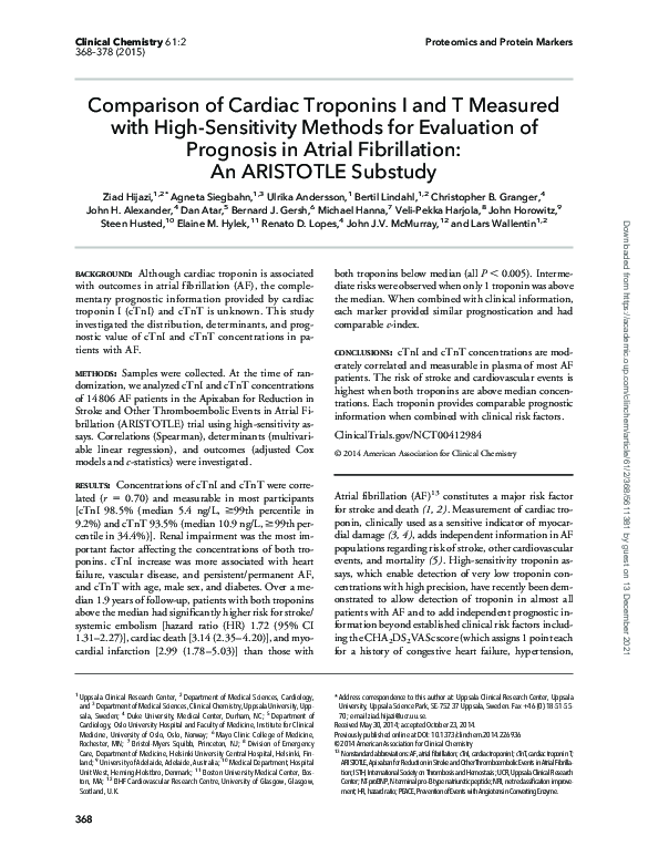 (PDF) Comparison of Cardiac Troponins I and T Measured with High ...