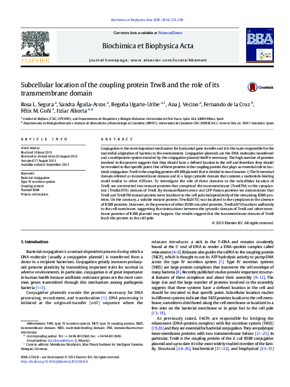 (PDF) Subcellular location of the coupling protein TrwB and the role of ...