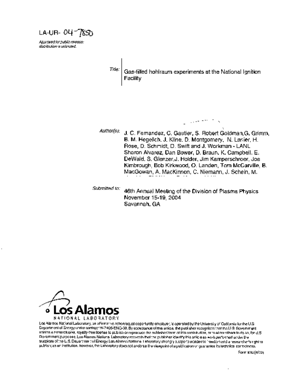 (PDF) Gasfilled hohlraum experiments at the National Ignition Facility