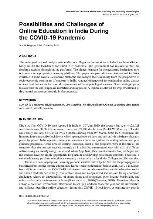 (PDF) Possibilities and Challenges of Online Education in India During ...