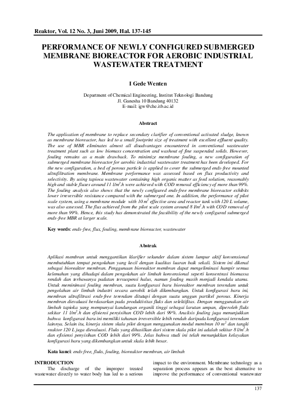 (PDF) Performance of Newly Configured Submerged Membrane Bioreactor for ...