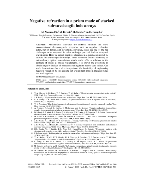 (PDF) Negative refraction in a prism made of stacked subwavelength hole ...