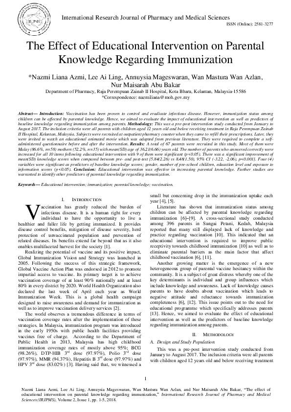 (PDF) The Effect of Educational Intervention on Parental Knowledge ...