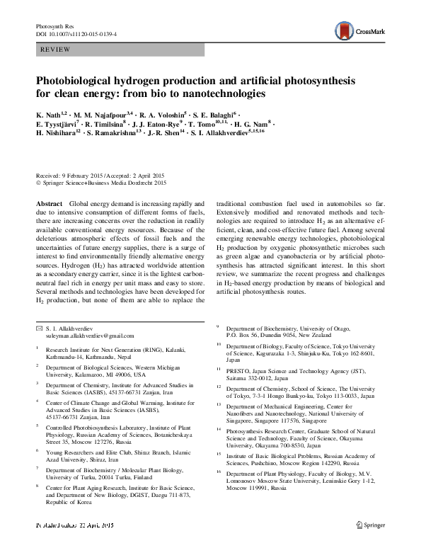(PDF) Photobiological hydrogen production and artificial photosynthesis ...