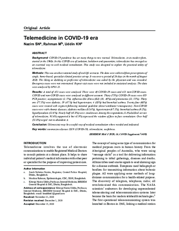 (PDF) Telemedicine in COVID-19 era