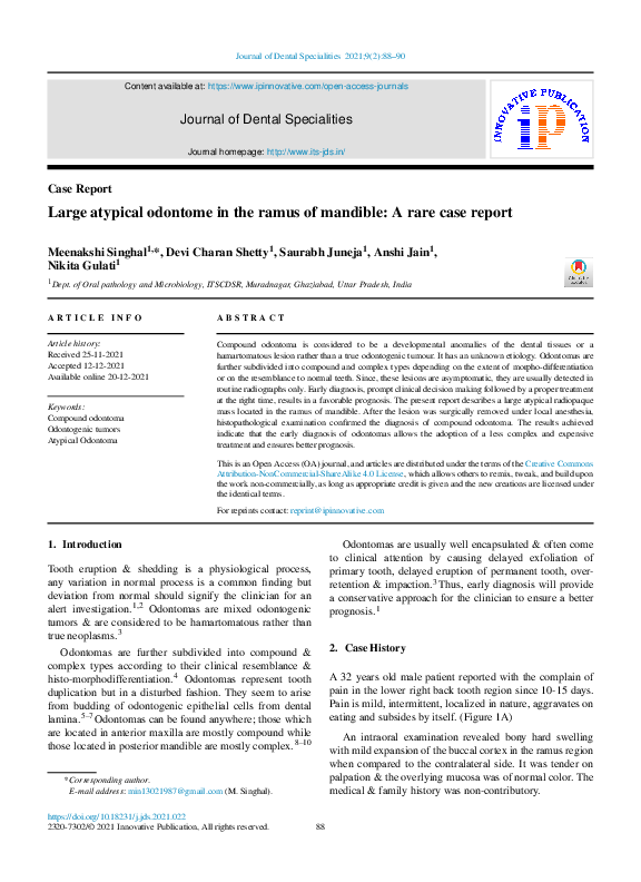 (PDF) Large atypical odontome in the ramus of mandible: A rare case report