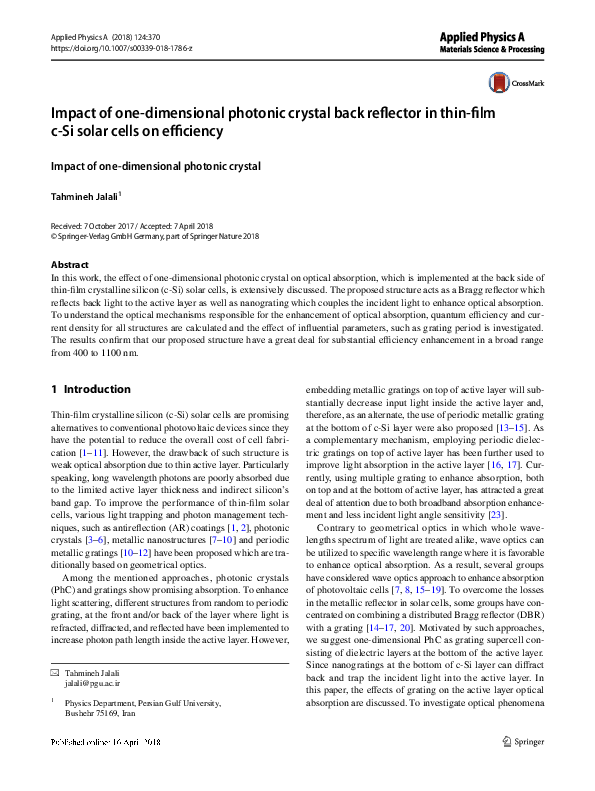 (PDF) Impact of one-dimensional photonic crystal back reflector in thin ...