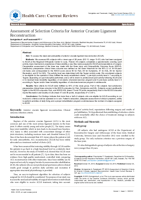 (PDF) Assessment Of Selection Criteria For Anterior Cruciate Ligament ...