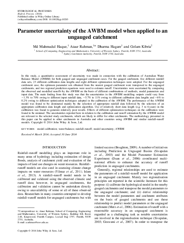 (PDF) Parameter uncertainty of the AWBM model when applied to an ...