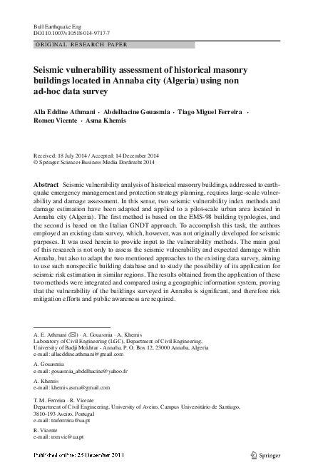 (PDF) Seismic vulnerability assessment of historical masonry buildings