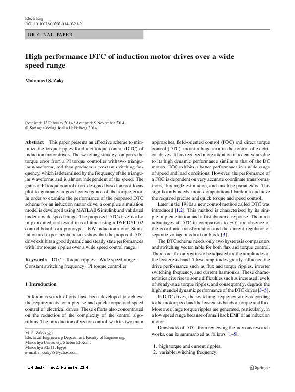 (PDF) High performance DTC of induction motor drives over a wide speed ...