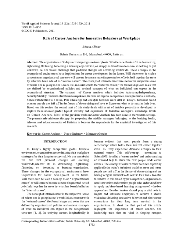 (PDF) Role of Career Anchors for Innovative Behaviors at Workplace