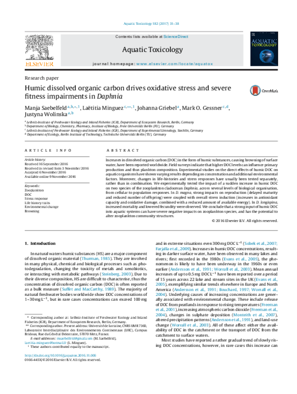 (PDF) Humic dissolved organic carbon drives oxidative stress and severe ...