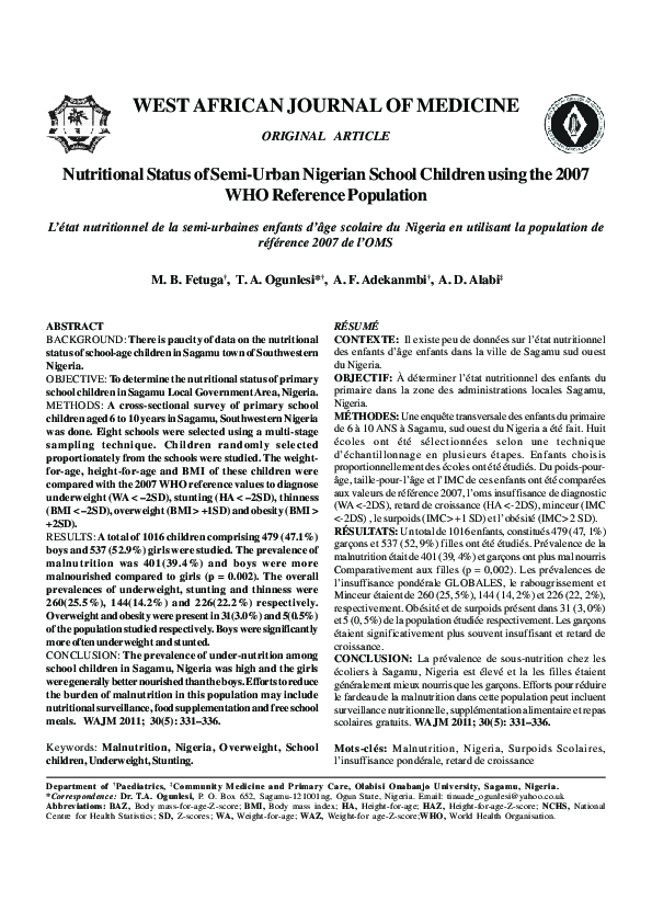 (PDF) Nutritional status of semi-urban Nigerian school children using ...