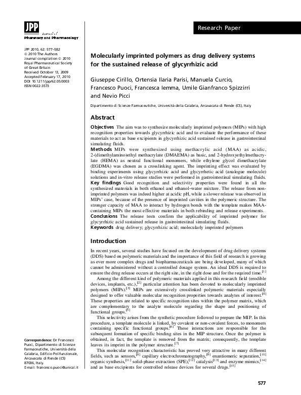 (PDF) Molecularly imprinted polymers as drug delivery systems for the ...