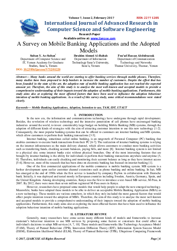 (PDF) A Survey on Mobile Banking Applications and the Adopted Models