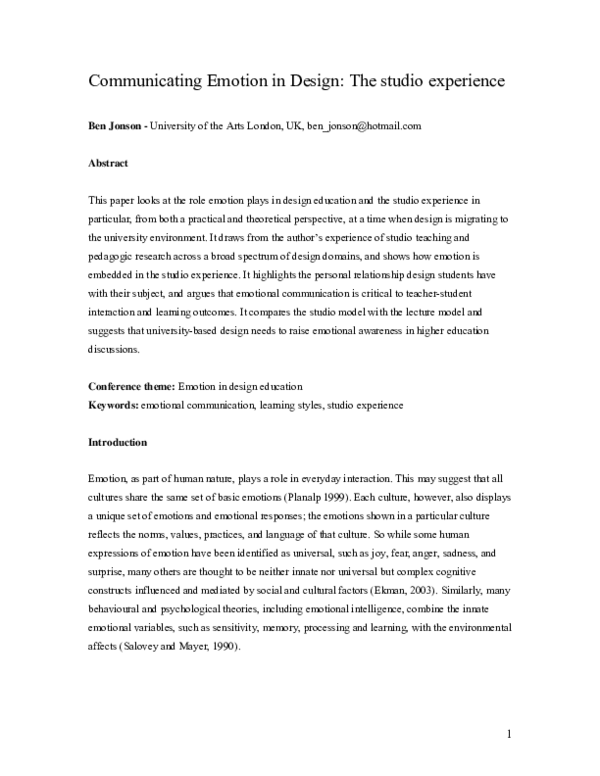 (PDF) Communicating Emotion in Design: The studio experience