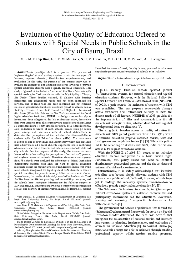 (PDF) Evaluation of the Quality of Education Offered to Students with ...