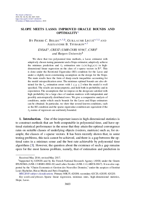 (PDF) Slope meets Lasso: Improved oracle bounds and optimality