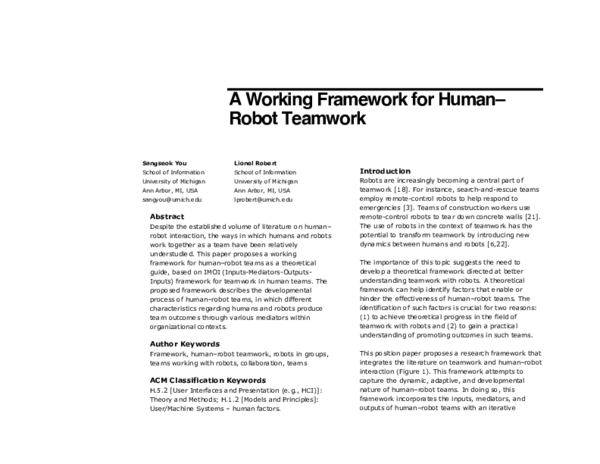(PDF) Articlea Working Framework for Human Robot Teamwork