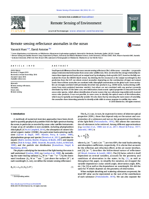 (PDF) Remote sensing reflectance anomalies in the ocean
