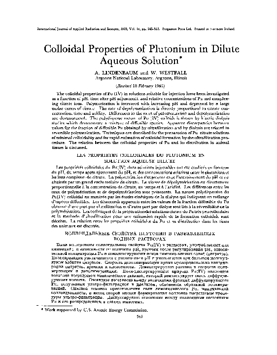 (PDF) Colloidal properties of plutonium in dilute aqueous solution