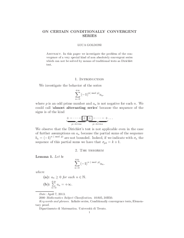 (PDF) On Certain Conditionally Convergent Series