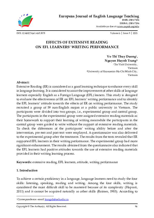 (PDF) Effects of Extensive Reading on Efl Learners’ Writing Performance