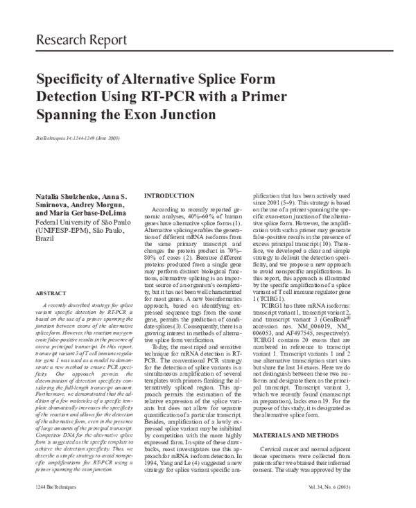 (PDF) Specificity of Alternative Splice Form Detection Using RT-PCR ...
