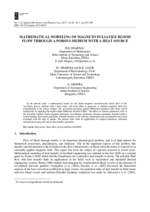 (PDF) Mathematical Modeling of Magneto Pulsatile Blood Flow Through a ...