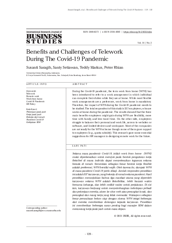 (PDF) Benefits and Challenges of Telework During The Covid-19 Pandemic