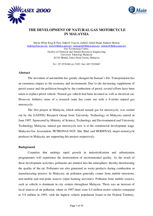  PDF The Development Of Natural Gas Motorcycle In Malaysia Zulkifli 