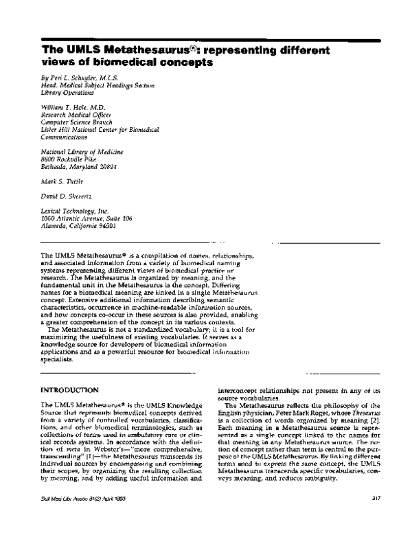 (PDF) The UMLS Metathesaurus: representing different views of ...