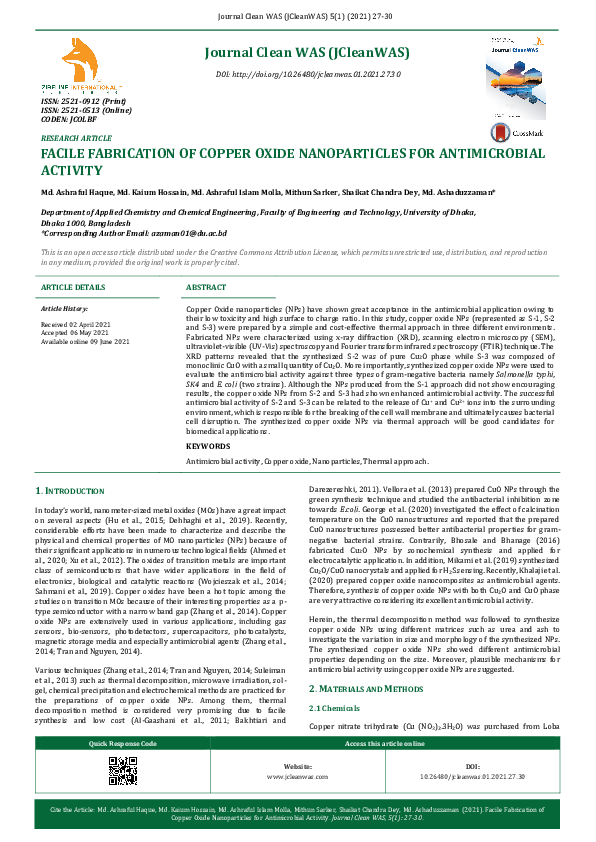 (PDF) Facile Fabrication of Copper Oxide Nanoparticles for ...